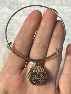 Gucci upcycled Silver-Tone Bangle with Brown Patterned Disc Charm